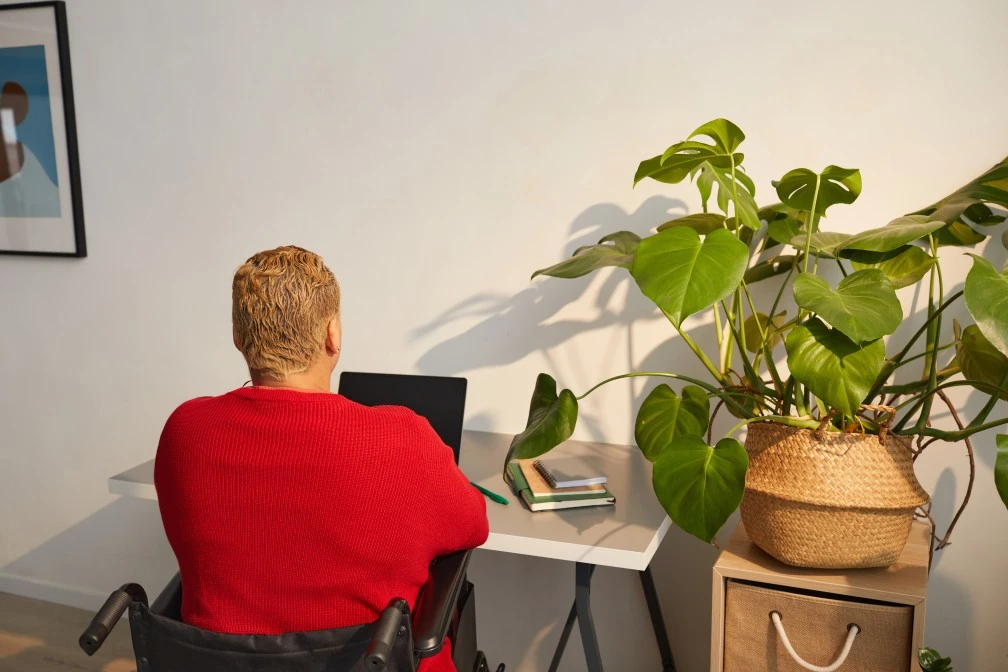 Disabled woman in wheelchair from the back sitting at desk using laptop